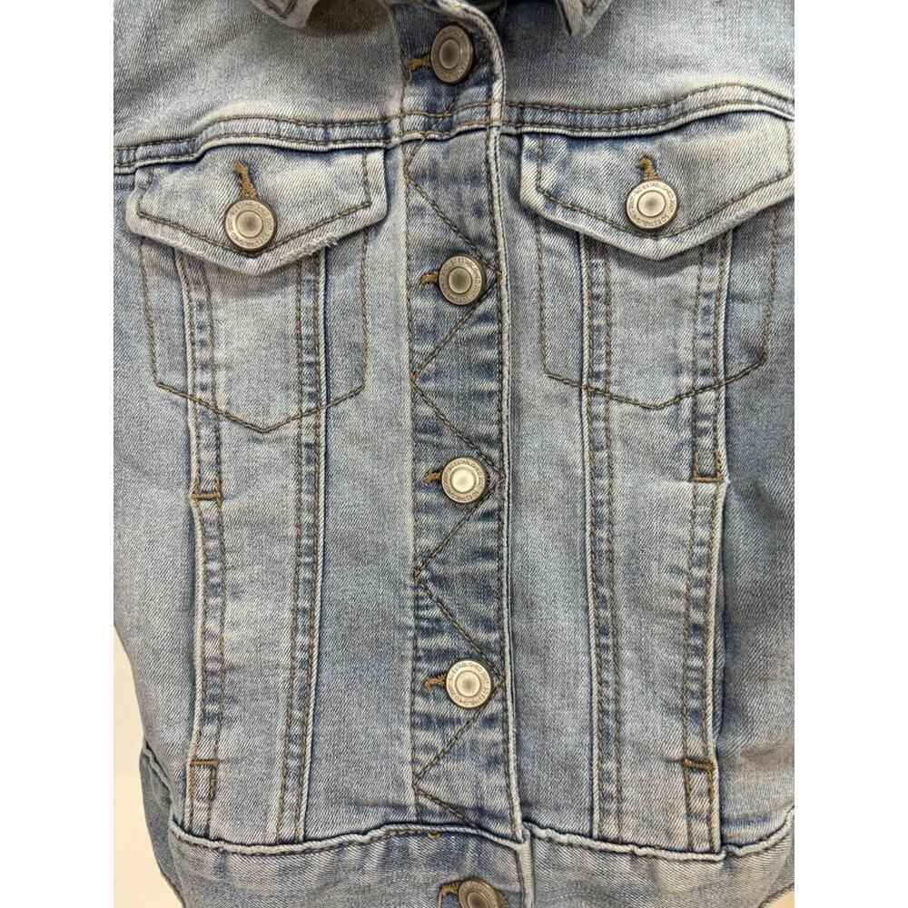 SO Girls Knit Sleeve Denim Jacket Wash Blue & Gray Hooded Youth Sz Small - Picture 4 of 6